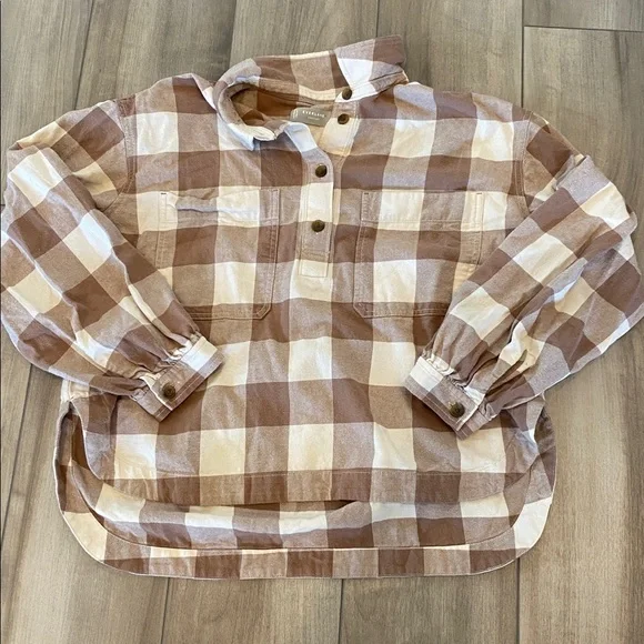 Everlane Flannel Button Down Cotton Poppver Brown and White Checkered Shirt - Picture 1 of 4